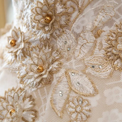 Luxury Champagne Ball Gown Appliques Long Train Prom Dress DP1006