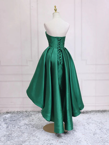 A Line Sweetheart Neck Green Satin High Low Homecoming Dresses DP999