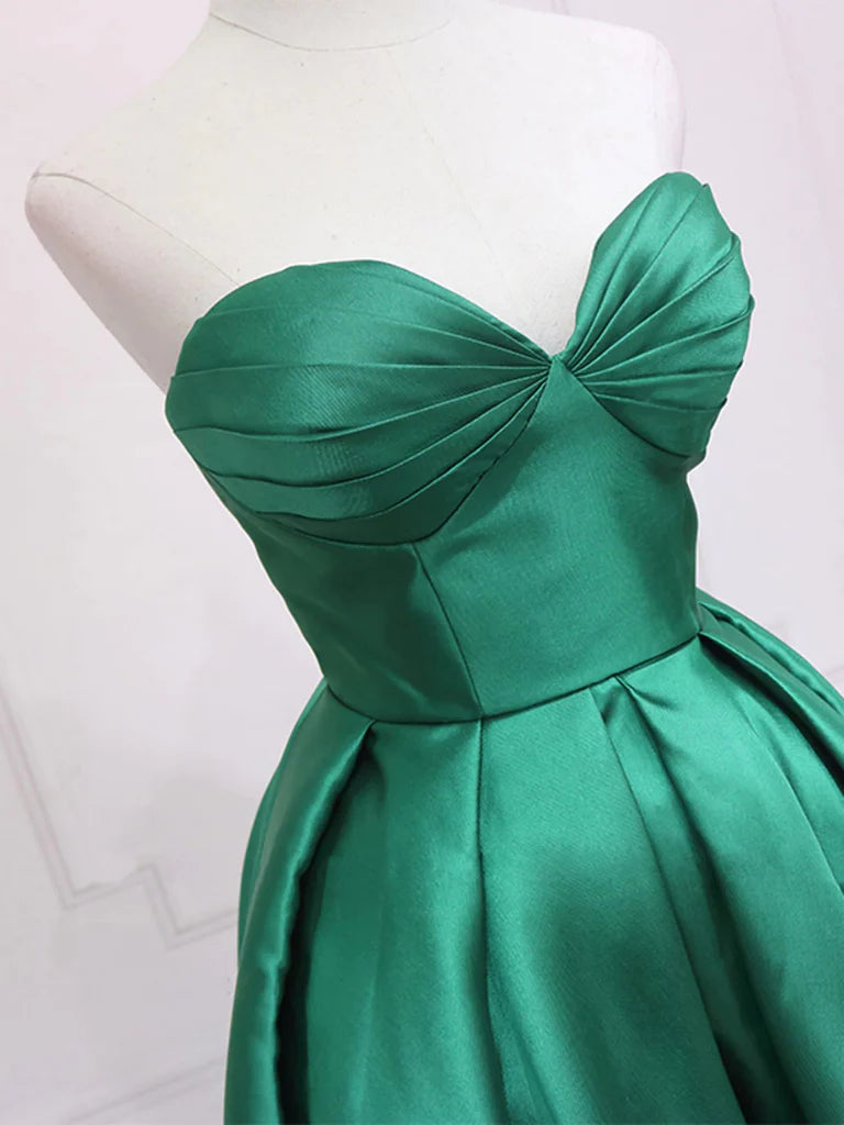 A Line Sweetheart Neck Green Satin High Low Homecoming Dresses DP999