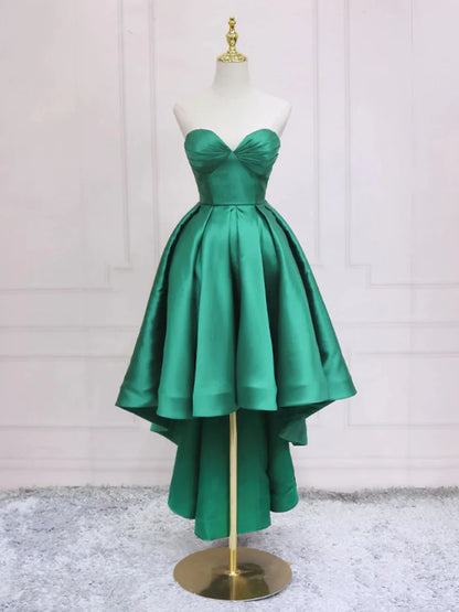 A Line Sweetheart Neck Green Satin High Low Homecoming Dresses DP999