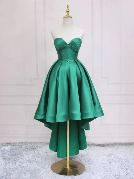A Line Sweetheart Neck Green Satin High Low Homecoming Dresses DP999