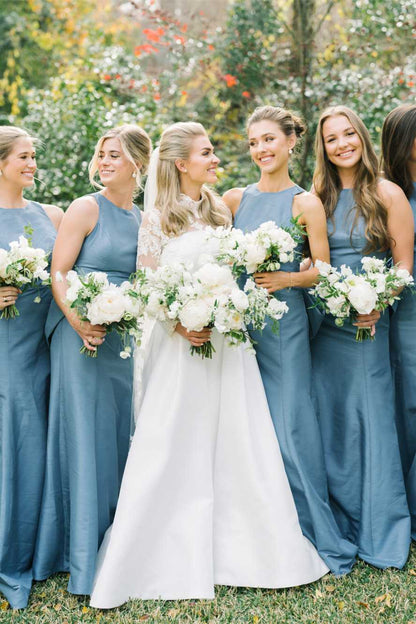 High Neck Blue Back Bow Mermaid Bridesmaid Dress DP5875
