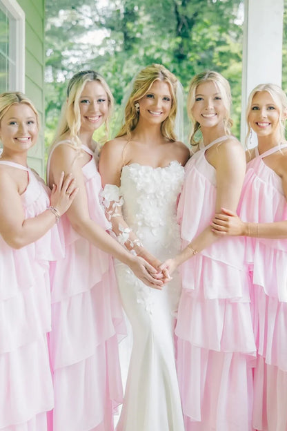 High Neck Pink Tiered Chiffon Long Bridesmaid Dress DP5855