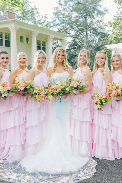 High Neck Pink Tiered Chiffon Long Bridesmaid Dress DP5855