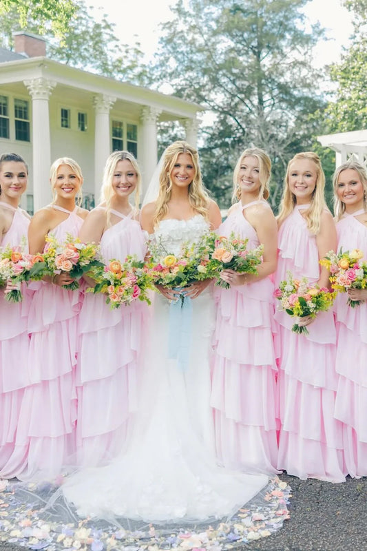 High Neck Pink Tiered Chiffon Long Bridesmaid Dress DP5855