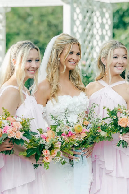 High Neck Pink Tiered Chiffon Long Bridesmaid Dress DP5855