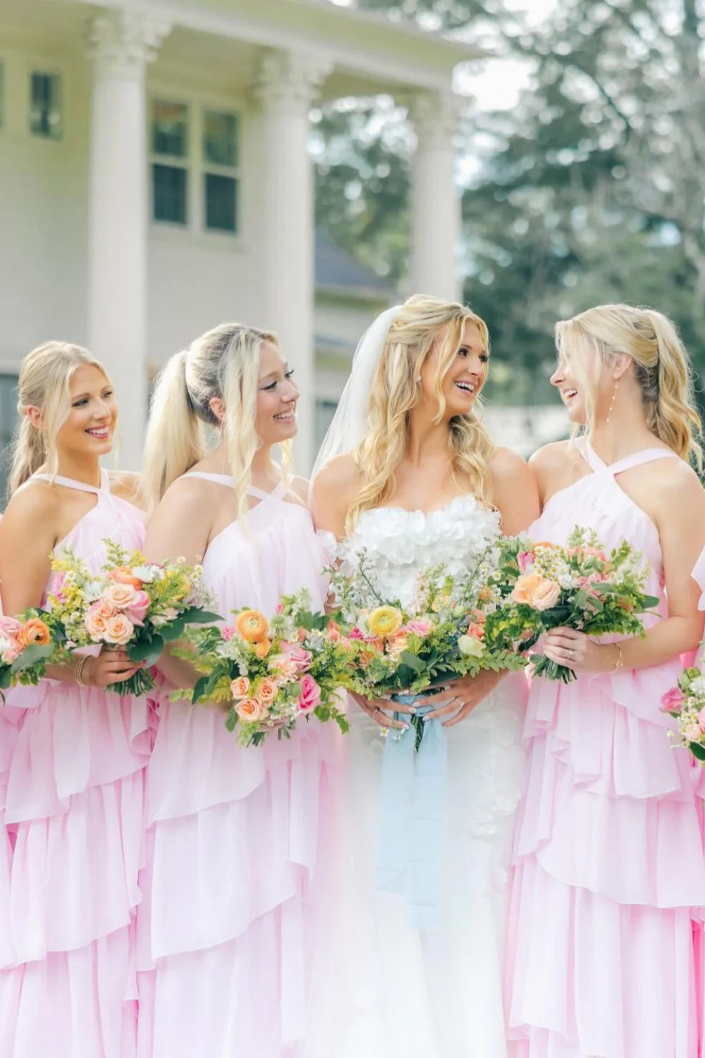 High Neck Pink Tiered Chiffon Long Bridesmaid Dress DP5855