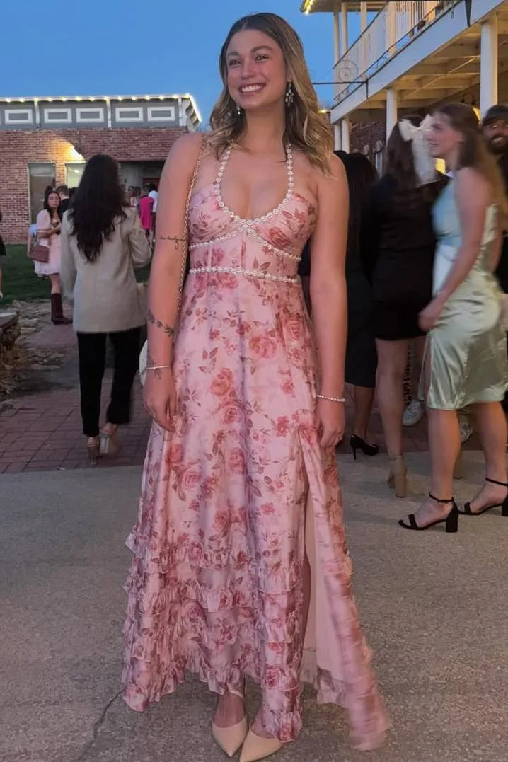 Pink A Line Halter Print Floral Satin Evening Dress Prom Dress DP7640