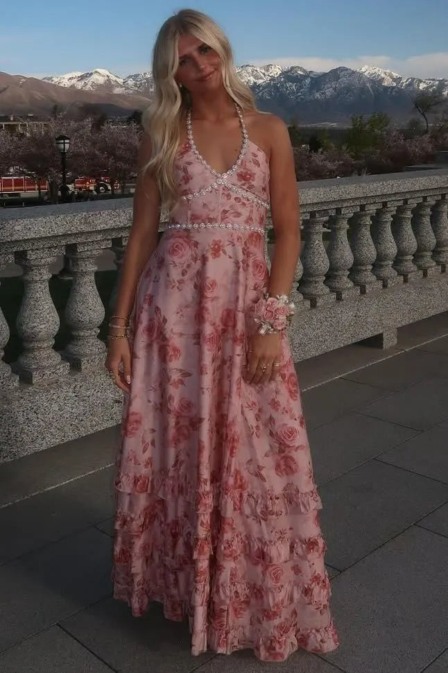 Pink A Line Halter Print Floral Satin Evening Dress Prom Dress DP7640