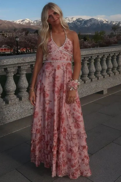 Pink A Line Halter Print Floral Satin Evening Dress Prom Dress DP7640