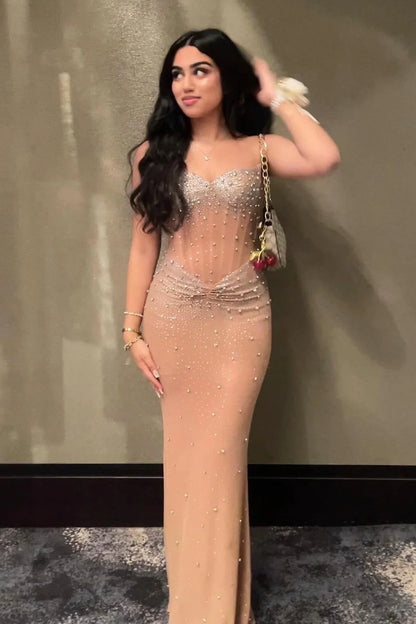 Sparkly Sheath Sweetheart Nude Corset Tulle Prom Dress with Beading DP7431