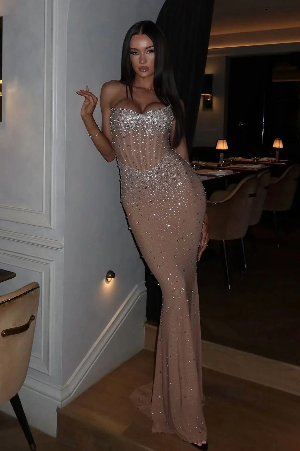 Sparkly Sheath Sweetheart Nude Corset Tulle Prom Dress with Beading DP7431