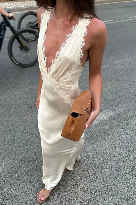 Trendy Sheath Deep V Neck Ivory Long Party Dress with Lace DP7457
