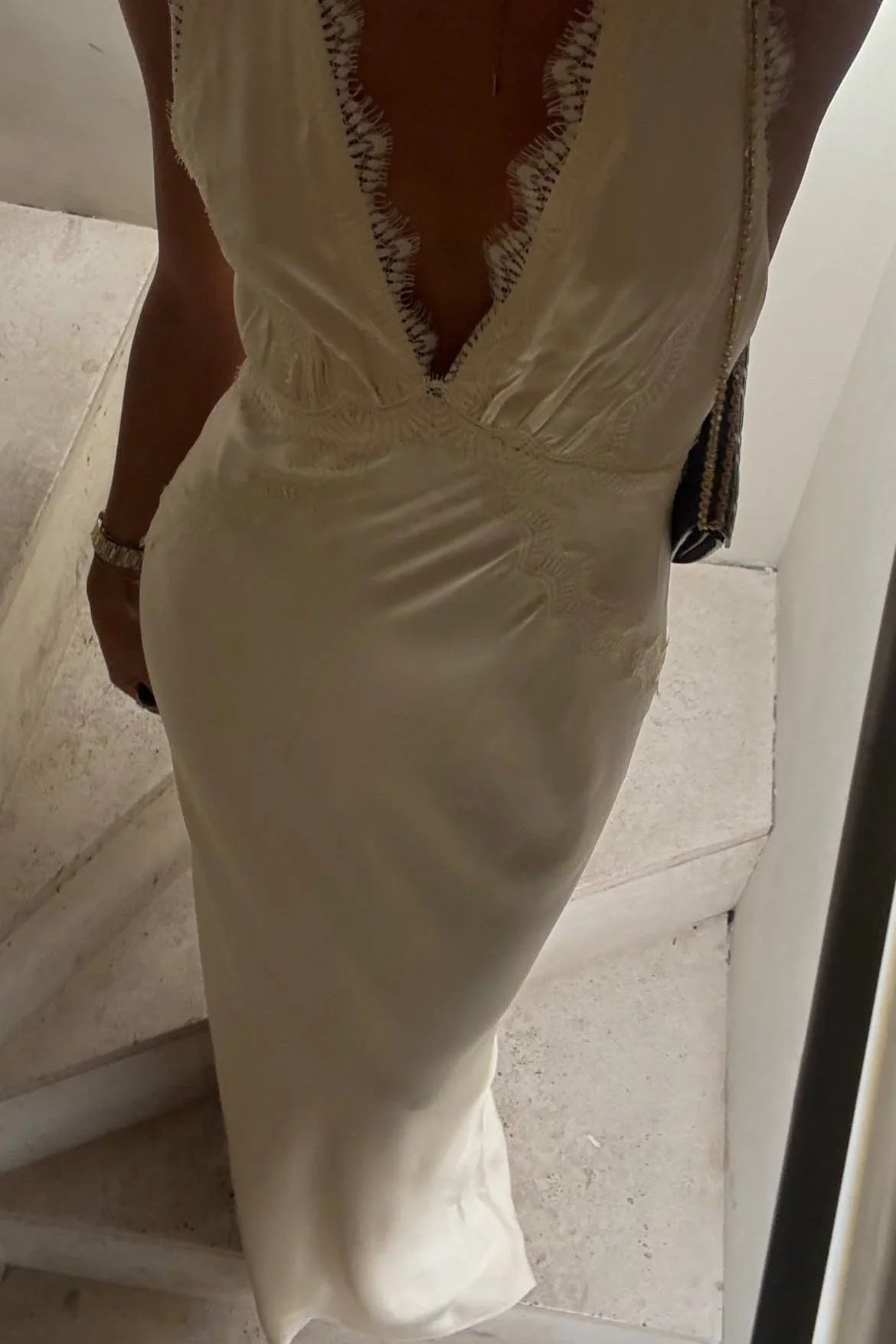 Trendy Sheath Deep V Neck Ivory Long Party Dress with Lace DP7457