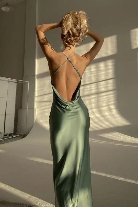 Hot Sheath Spaghetti Straps Green Long Prom Dress with Criss Cross Back DP7441
