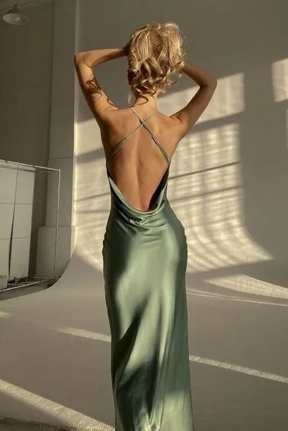 Hot Sheath Spaghetti Straps Green Long Prom Dress with Criss Cross Back DP7441