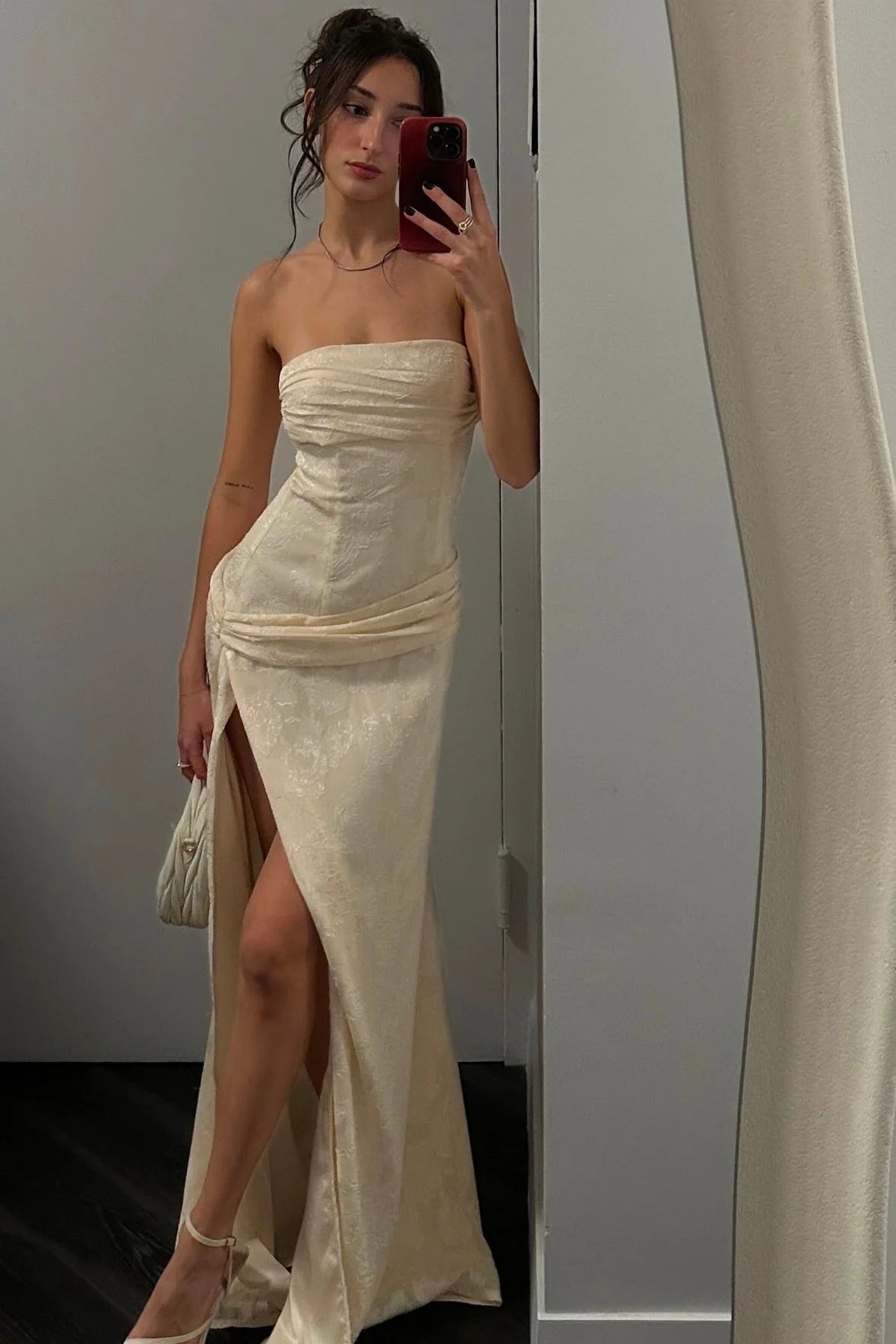 Hot Sheath Strapless Ivory Long Party Dress with Ruched DP7440