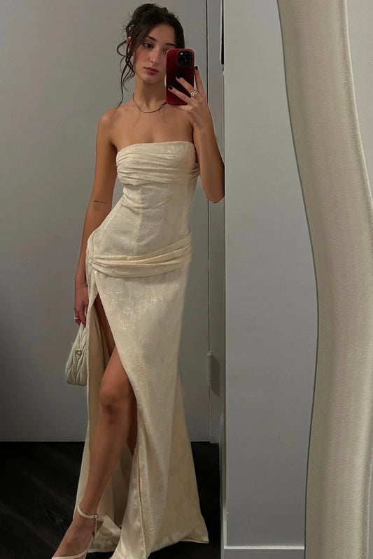Hot Sheath Strapless Ivory Long Party Dress with Ruched DP7440
