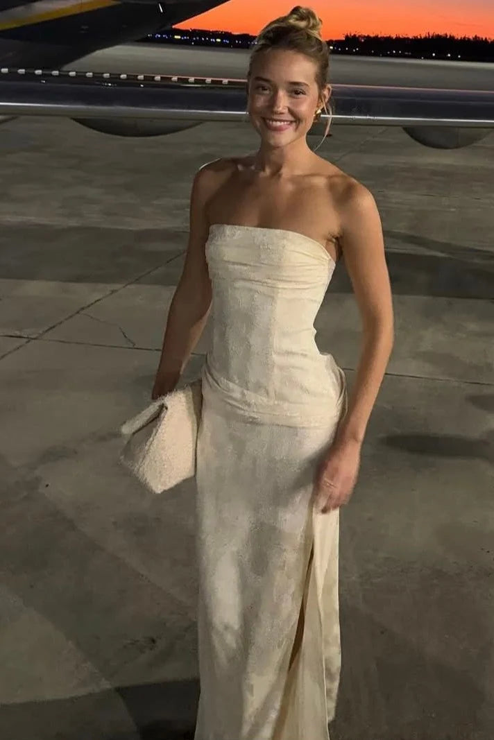 Hot Sheath Strapless Ivory Long Party Dress with Ruched DP7440