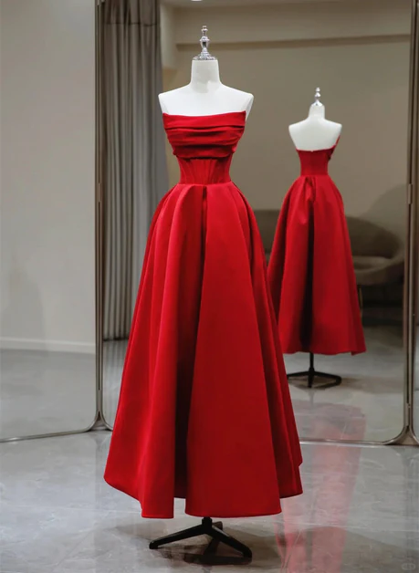 Charming Red Satin Midi Long Prom Dress Bridesmaid Party Dress DP382