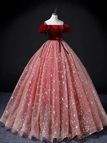 Burgundy Tulle Velvet Off The Shoulder Long Prom Dress Ball Gown DP590