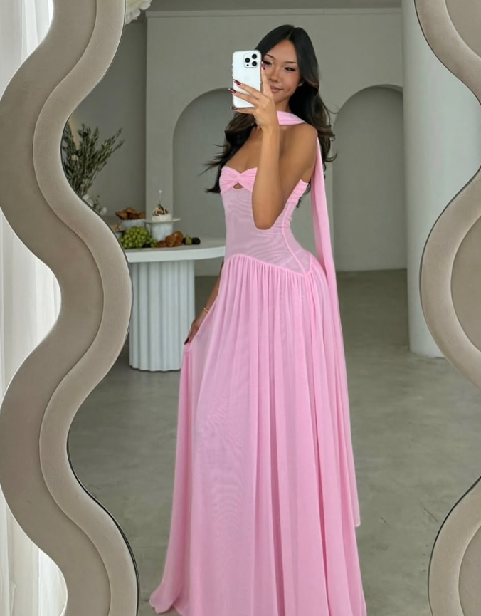 Romantic Pink A Line Sweetheart Neck Tulle Long Prom Dress Evening Dress DP7467