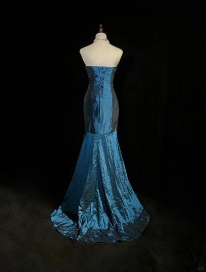 Vintage Mermaid Sweetheart Neck Pleated Navy Blue Satin Prom Dress Party Dress DP2770