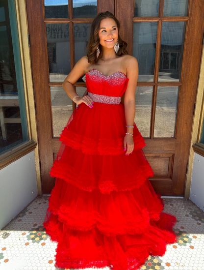 Stunning Red A Line Strapless Beaded Layered Tulle Long Prom Dress Evening Dress DP6573