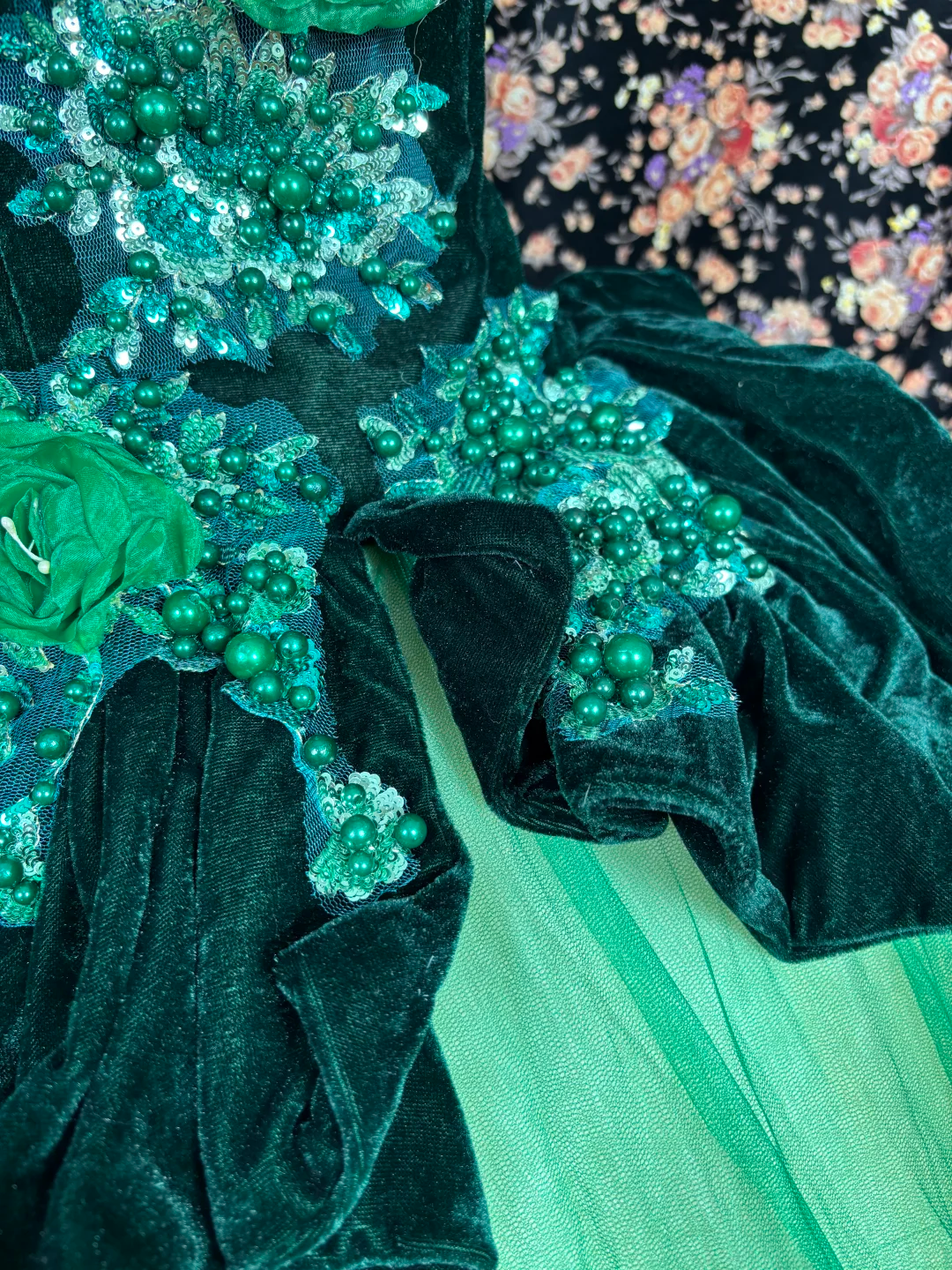 Vintage Green Ball Gown Beaded Velvet Tulle Prom Dress Sweet 16 Dress DP5651
