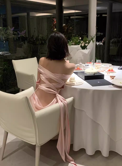 Pink A Line Off the Shoulder Satin Open Back Prom Dress Wedding Guest Dress DP4483