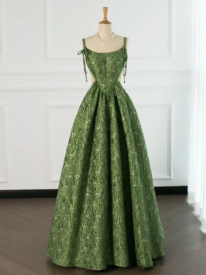 Unique Satin Green A Line Prom Dress Cut Out Waist Sexy Evening Party Dress DP743