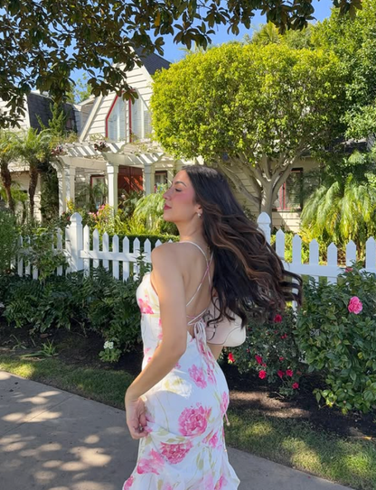 Pretty Sheath Straps Pink Print Floral Ruffle Chiffon Prom Dress Evening Dress Vacation Dress DP5608