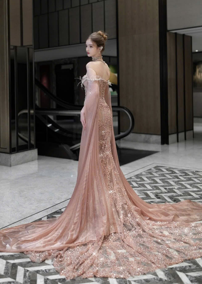Unique Exquisite Rhinestone Mermaid Straps Sequin Tulle Long Prom Dress DP4635