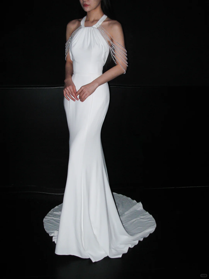 Chic Mermaid Halter White Pearl Satin Backless Wedding Dress DP8112