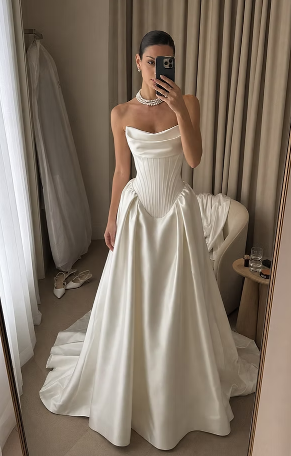 Elegant A Line Strapless White Corset Satin Long Wedding Dress DP7993