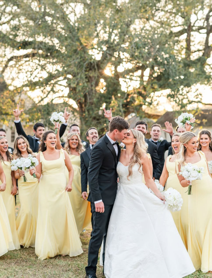 Stunning Yellow Bow A Line Straps Chiffon Long Bridesmaid Dress DP4977
