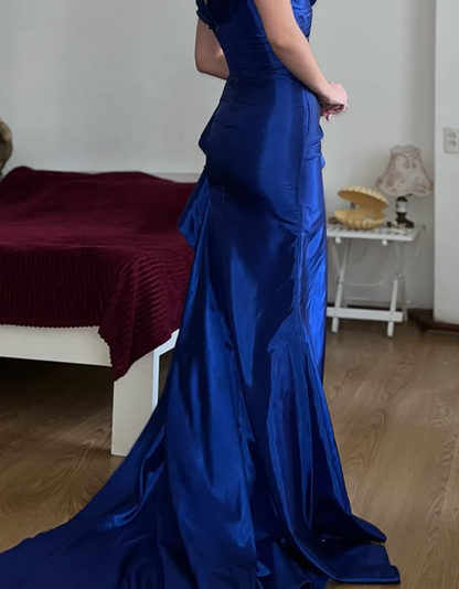 Vintage Royal Blue Mermaid V Neck Satin Slit Prom Dress Evening Dress Date Dress DP5706