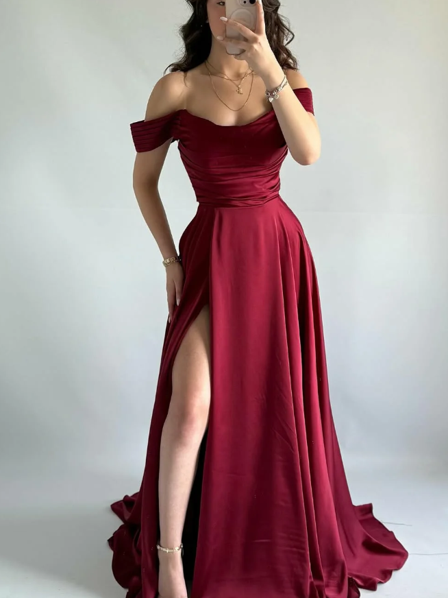Simple Burgundy A Line Off the Shoulder Satin Prom Dress Evening Dress DP5259