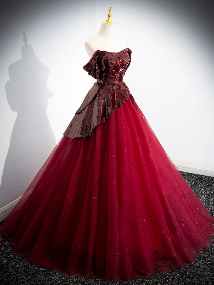 Off The Shoulder Burgundy Tulle Sequins Prom Dress Formal Evening Dress DP259