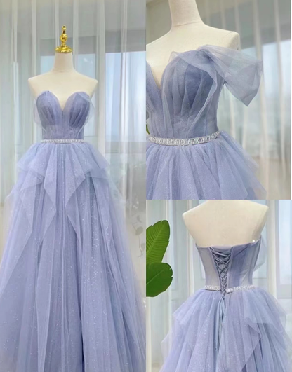 Purple A Line Off the Shoulder Sequin Tulle Long Prom Dress Evening Dress DP2022