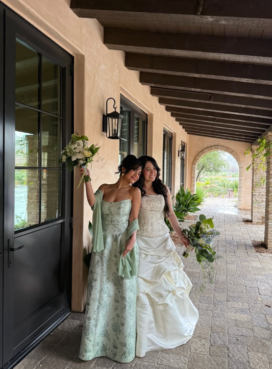 Sage Green A Line Strapless Print Floral Satin Long Bridesmaid Dress DP4966