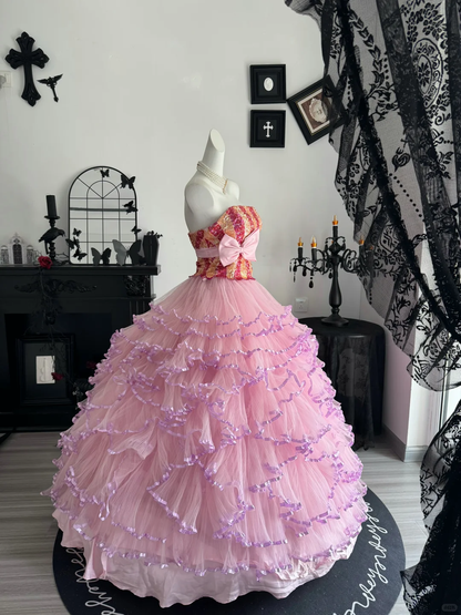 Sweety Pink Ball Gown Strapless Sequin Layered Tulle Prom Dress Quinceanera Dress DP6952