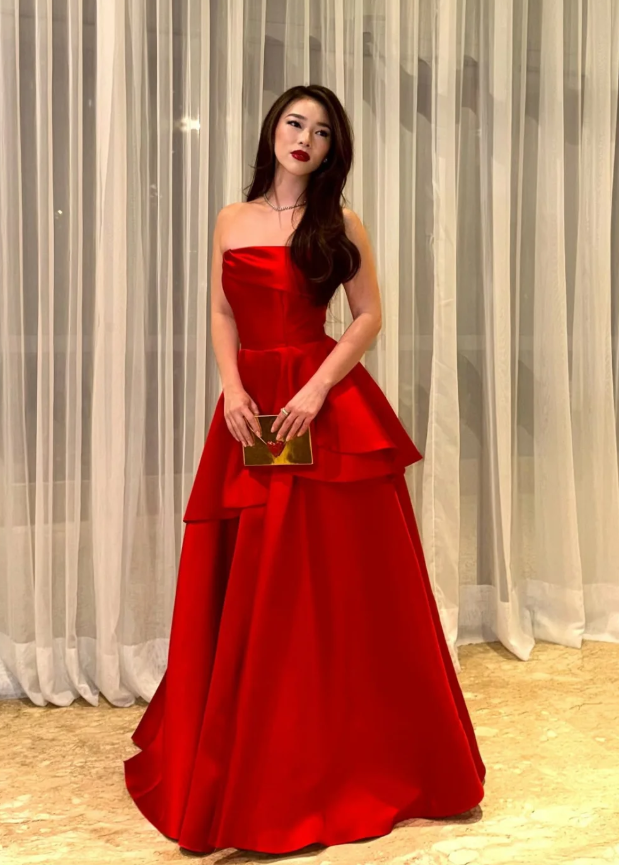 Chamring A Line Strapless Red Satin Long Prom Dress Evening Dress DP6926