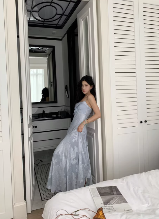 Elegant A Line Spaghetti Strap Printed Floral Satin Prom Dress Date Dress DP4755