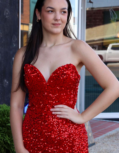 Shiny Red Sequin Mermaid Sweetheart Neck Long Prom Dress Evening Dress with Slit DP6568