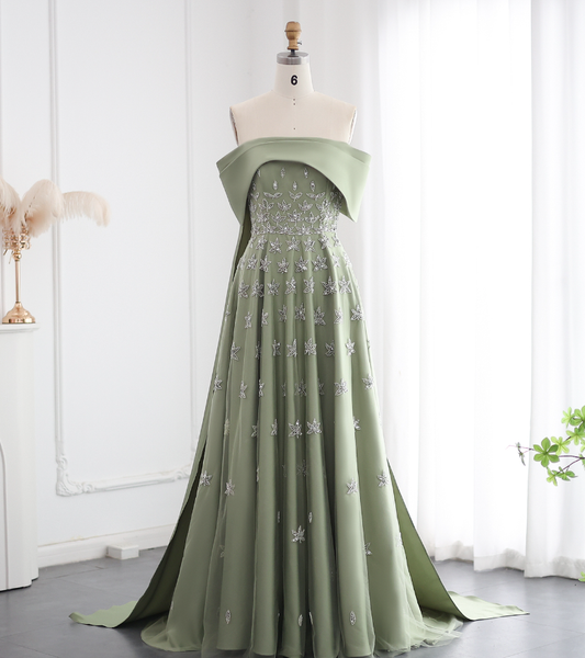Elegant A Line Off the Shoulder Beaded Green Satin Prom Dress Evening Dress DP1904