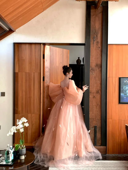 Gorgeous A Line Off the Shoulder Bow Feather Tulle Organza Long Party Dress Prom Dress DP2527