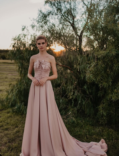 Pink A Line Strapless Bow Satin Long Sweep Party Dress Evening Dress DP2348