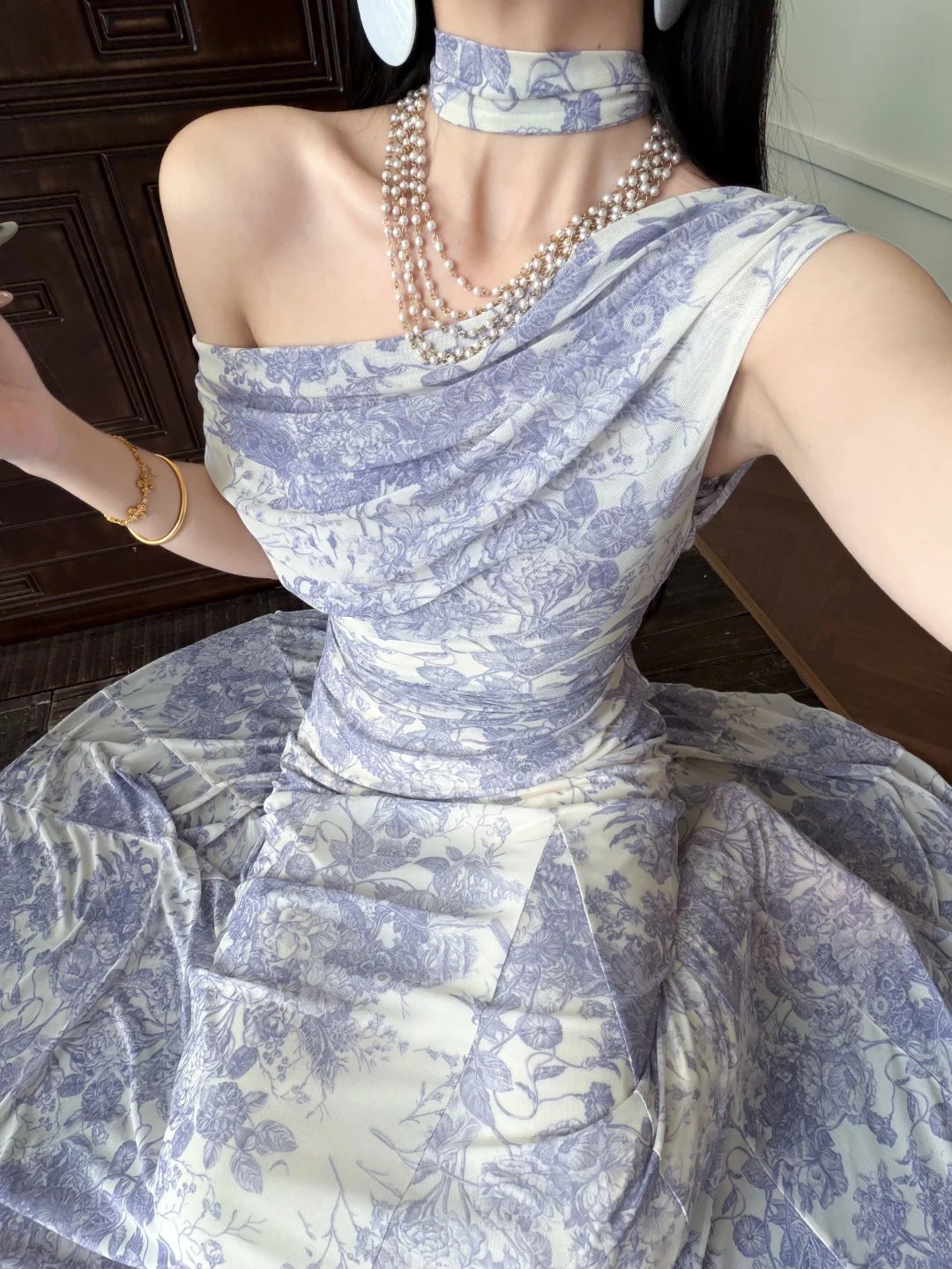 Unique Purple Mermaid Print Floral Chiffon Long Prom Dress Evening Dress DP5649