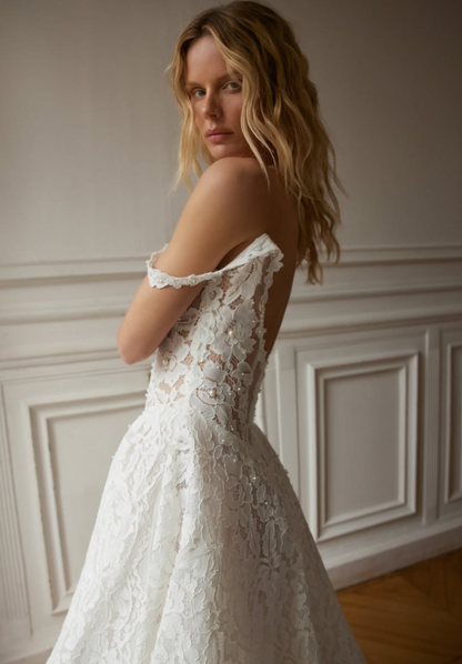 Princess Ball Gown Straps White Mini Pearls Lace Long Train Wedding Dress DP5831